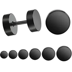 6 Pairs Black Stud Earring Set Punk Style Men's and Women's Stainless Steel Round Earrings 5mm-10mm