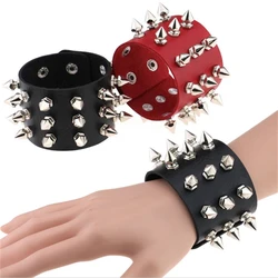 Punk Gothic Goth Rivet Wrap Bracelet Women Men Vintage New Black PU Leather Bangles Three Row Rivet Stud Wide Wristbands