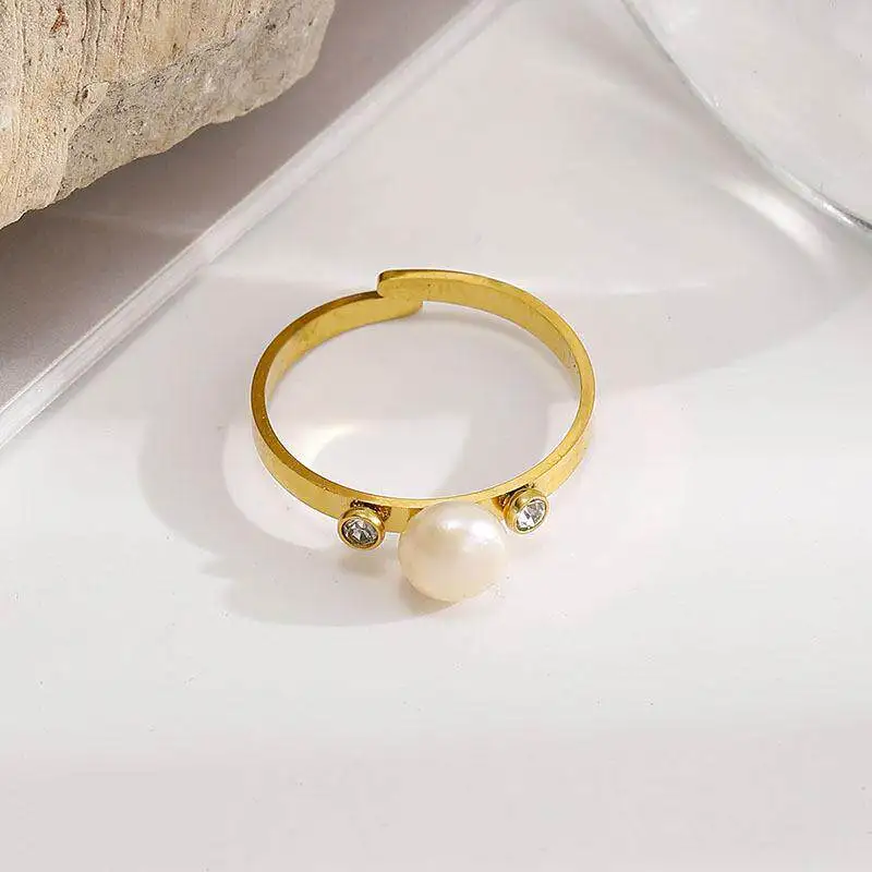 

Elegant Open Titanium Steel Ring with Embedded Diamonds And Pearls for Women Luxury Sensation Finger Jewelry Accessory