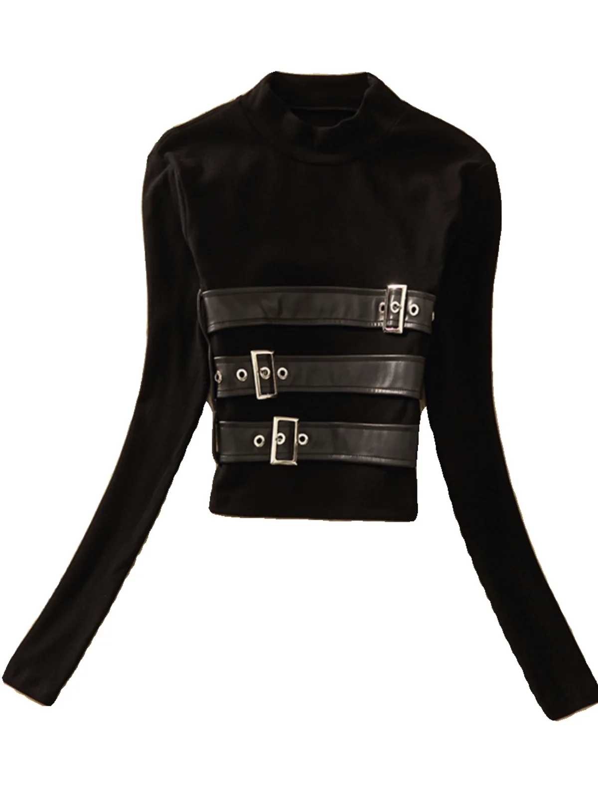 เสื้อยืดแขนยาวผู้หญิง คอลเลคชั่นฤดูใบไม้ผลิ 2024 หนัง PU ทรงเข้ารูป คอสูง สไตล์เกาหลี แฟชั่นทันสมัย เสื้อตัวใน