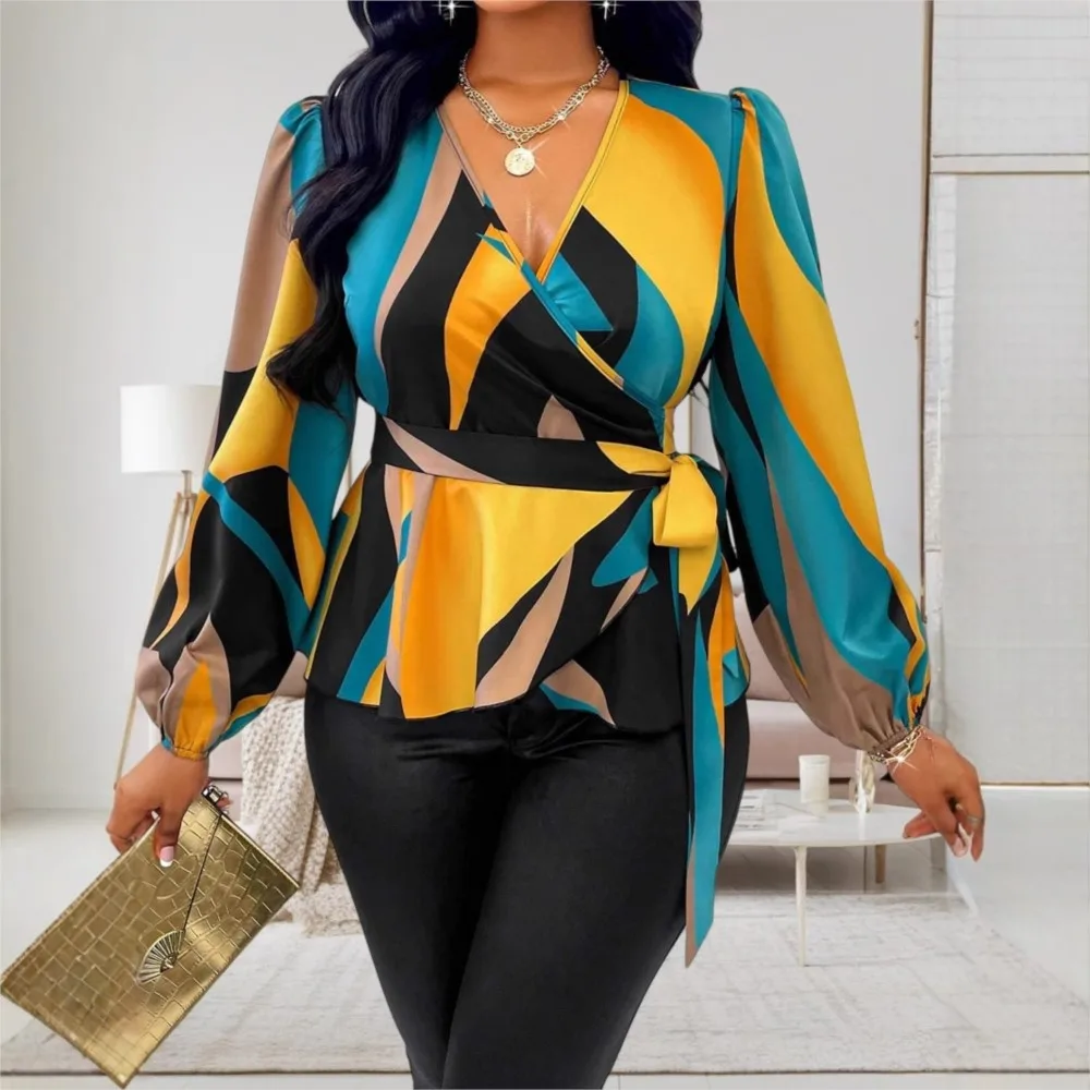 

Women's Spring Summer Commuting Loose Shirt Women's Casual Long Sleeve V-neck Lace Printed Powder Blusher Top Damen Sommermode