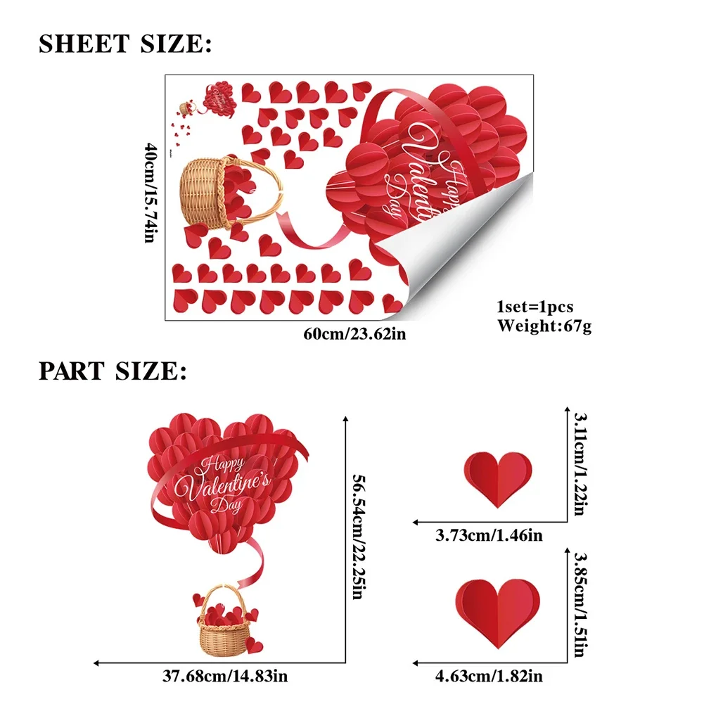 2pcs Valentines Day Window Clings Red Heart Double-Sided Window Stickers Decals Holiday Glass Door Decals For Shopping Mall Home