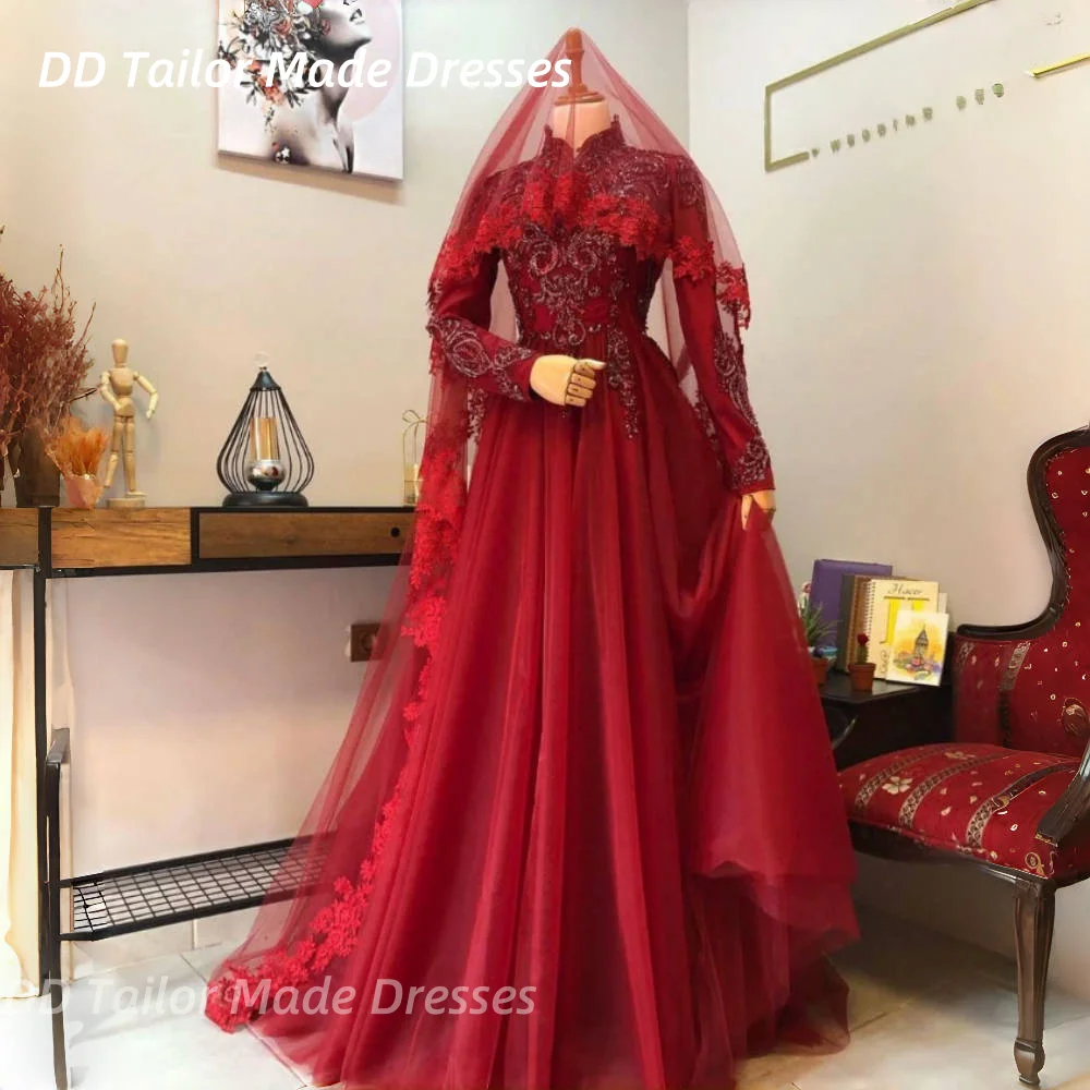 Vestido de novia musulmán rojo oscuro clásico, vestido de novia de manga larga con cuello alto, Apliques de encaje con cuentas, ropa Formal personalizada para mujer
