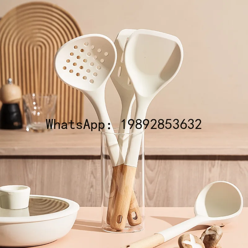 Household wooden handle silicone spatula spoon non-stick pan protector cooking utensil set - 4 piece kitchen gadgets