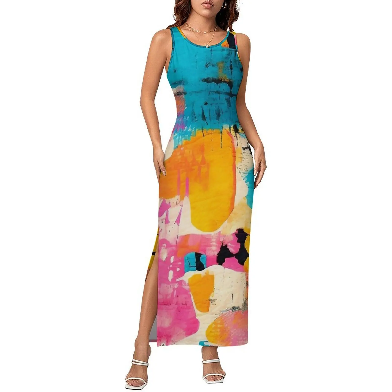 Retro Collage Abstract Print Dress Sleeveless  Casual Y2k Maxi Dresses Casual Bodycon Dress Womens Design Oversized Clothes