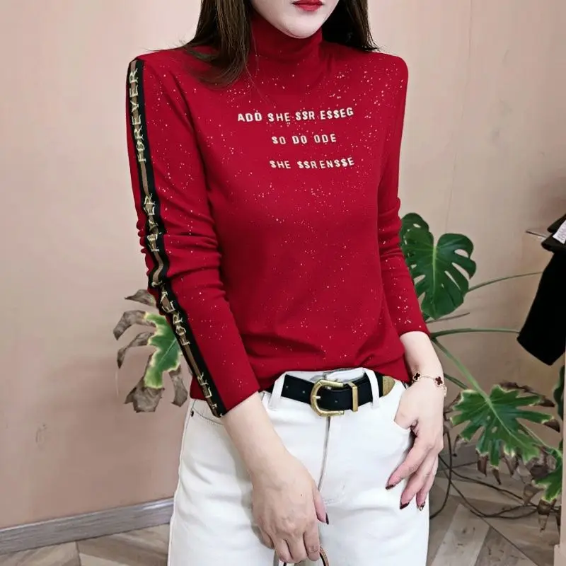 New Plus Size Printing Letter Bottoming Shirt Autumn Winter Contrast Patchwork Vintage T Shirt Tops Casual Fashion Women Clothes