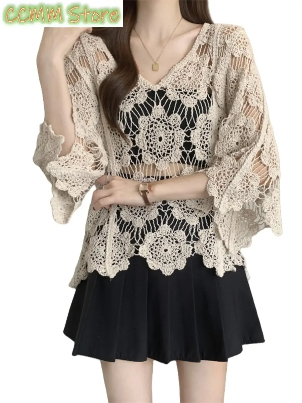 

Lace Hollow out Knitted Cover up Top Women Summer ort Size plus Transparent Korean Sle V Ne Long Sve Soft Comfortable
