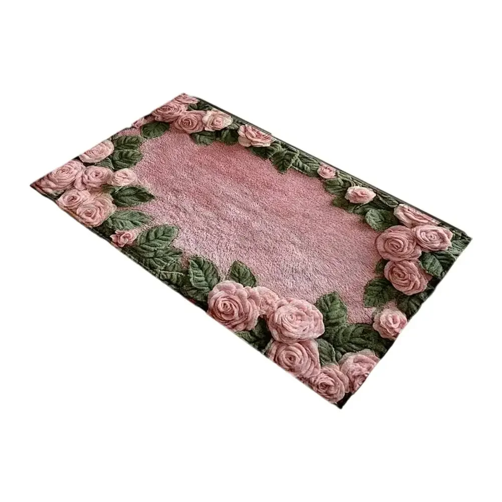 50*80cm Anti Slip Bath Mat Imitation Cashmere Light Red Rose Pattern  Absorbent Bathroom Floor Mat Washable Reusable Door Mat