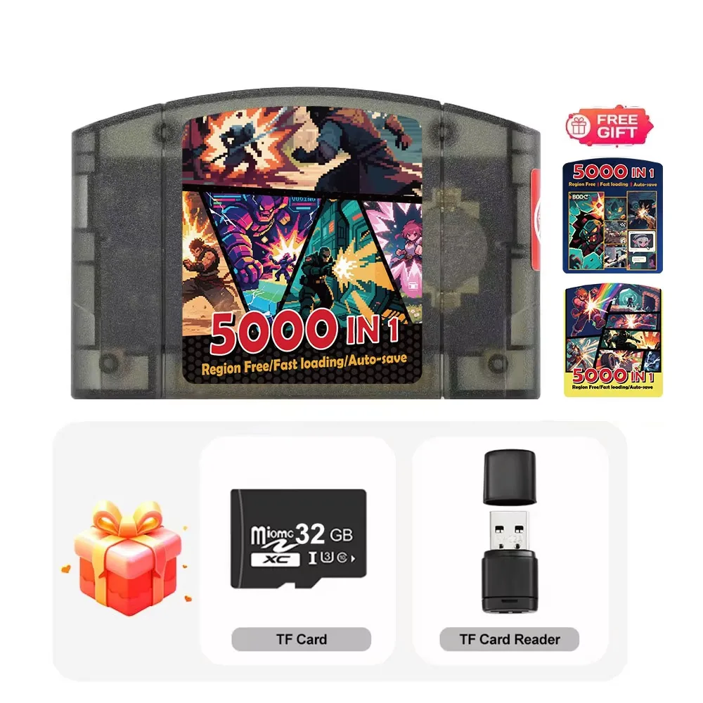Game Cart For Nintendo 64 Console N64 Game Cartridge With 32GB TF Card 5000 In 1 Games Cassette No Region Restriction
