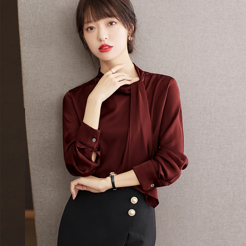 Elegant Ribbon Pile Collar Long Sleeve Wine Red Blouse Women Tops Spring Autumn Office Lady Loose Bussiness Casual Shirt D2184