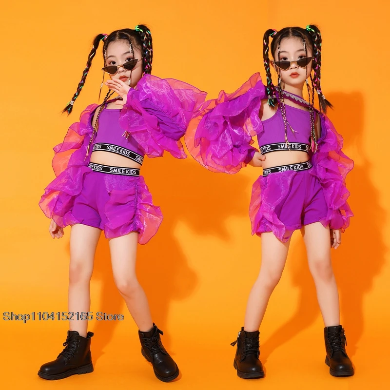 Abiti da ballo Abbigliamento da spettacolo teatrale per concerti 2023 Nuove ragazze Costume da ballo jazz Viola con maniche soffici Vestito per bambini Hip Hop