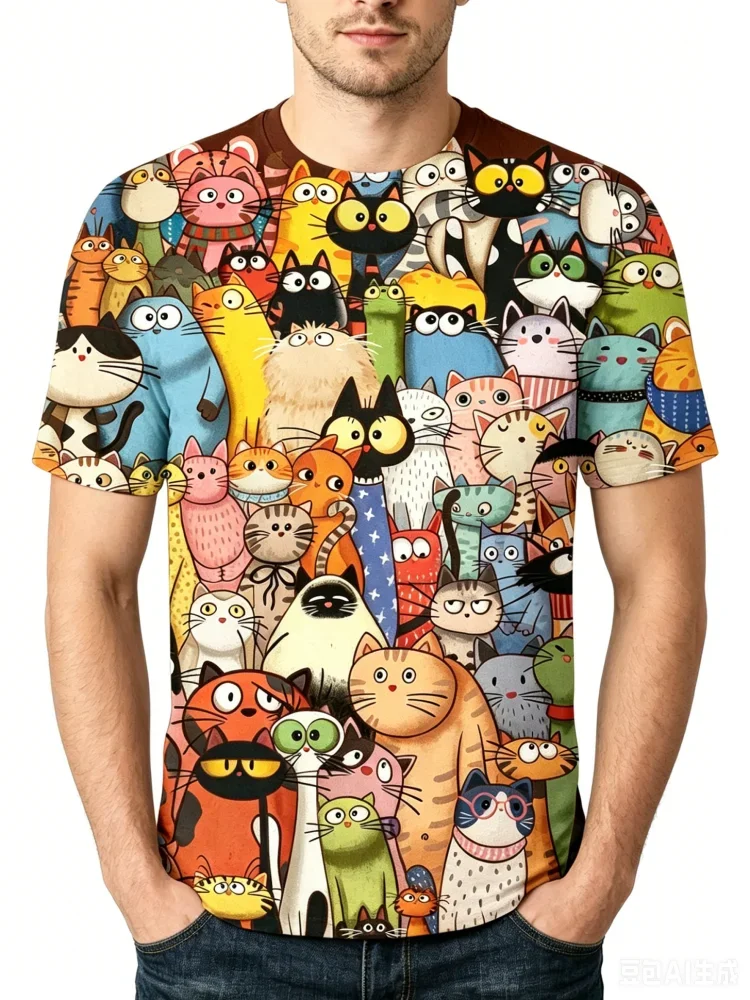 T-shirt drôle avec motif de chat, impression 3D colorée, col rond, manches courtes, décontracté, tendance, style Harajuku, pour l'été