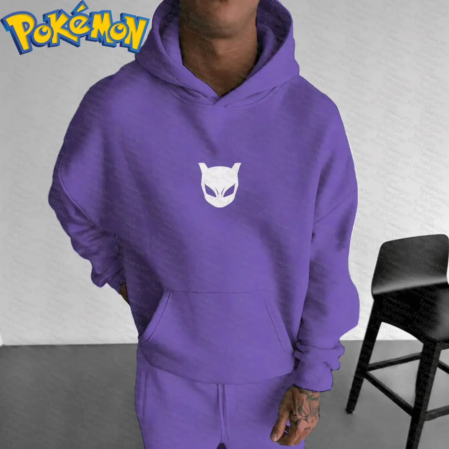 بوكيمون أنيمي بيكاتشو قلنسوة من القطن Harajuku فستان أطفال مع سروال داخلي طباعة شخصية أرجوانية مع غطاء محرك السيارة نمط ترشيش النيون قطعتين #4