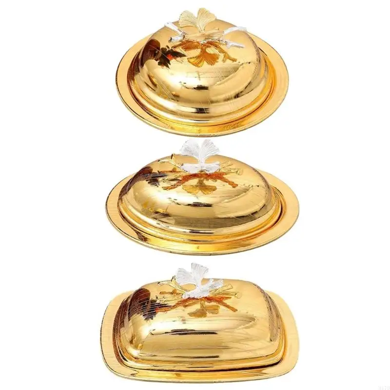 

M17D Golden Fruit Nut Tray Kitchen Countertop Serving Dish European Butter Dish with Lid Dessert Cake Storage Holder
