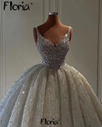 High Quality V Neck Sleeveless Ball Gown Bridal Dress Dubai Customized Luxury Beaded Crystals Wedding Gonws Engagement Dress