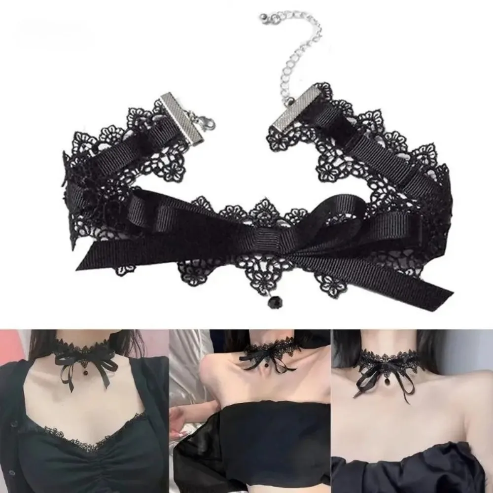 Gothic Vintage Black Lace Bowknot Choker Necklace Elegant Short Collar Chain Fashion Jewelry for Women