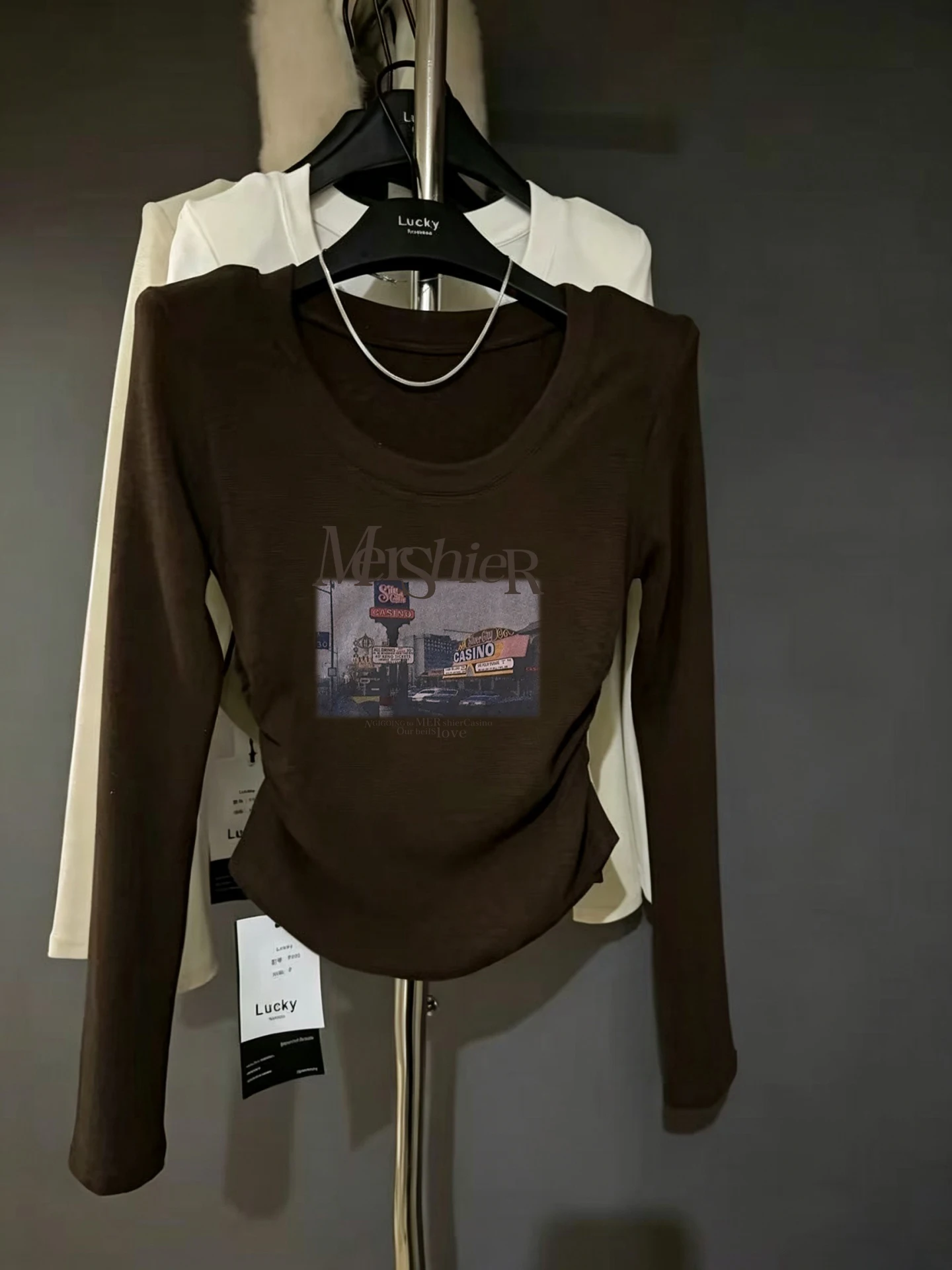 Fall 2026 Women's Korean Style Long Sleeve Slim Fit Versatile Shoulder T-Shirt Creative Pattern Commute Style Small Size Top