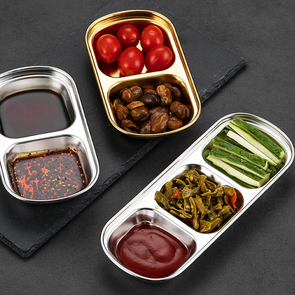 

3pcs Stainless Steel Sauce Dishes Compartment Design Smooth Easy Clean Kitchen Dish Plate For Oil Vinegar Sugar Dipping