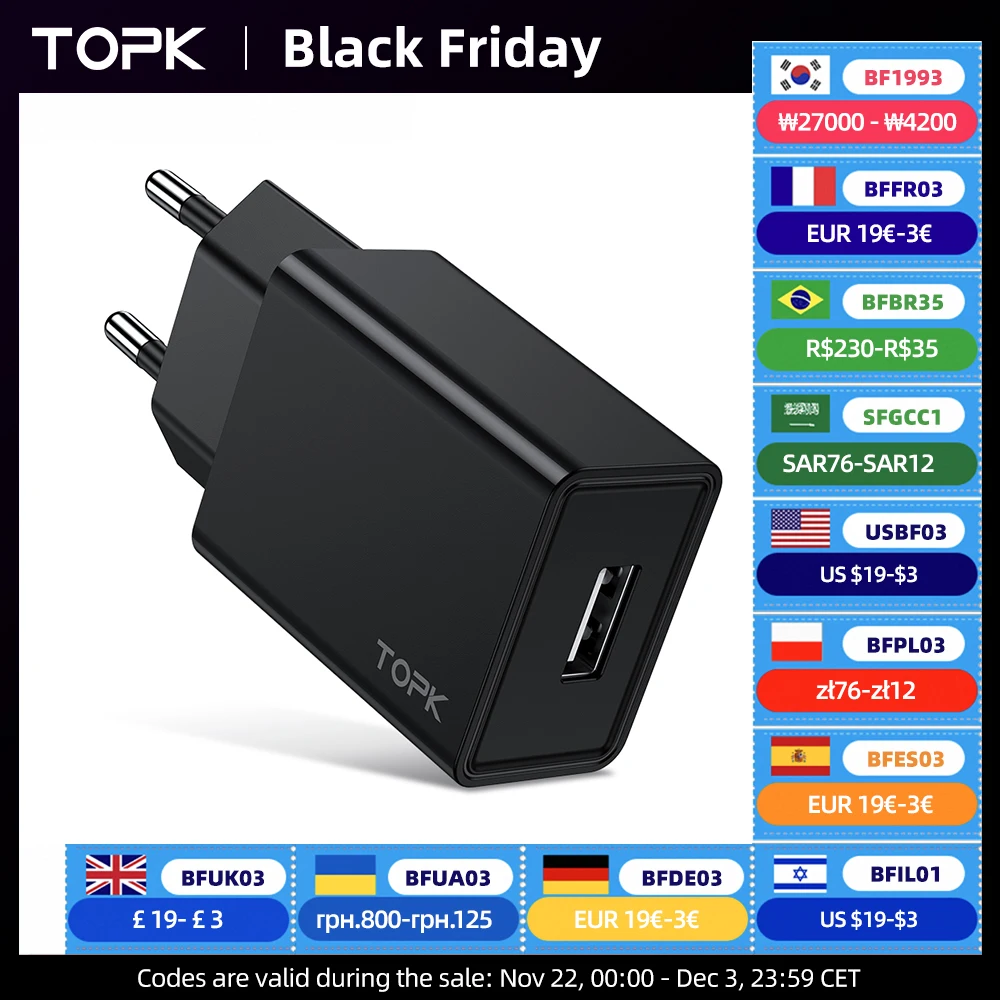 TOPK USB Charger EU Plug USB Phone Charger 5V/2A Travel Wall Charging Adapter for Samsung Huawei Xiaomi CellPhones Adapter