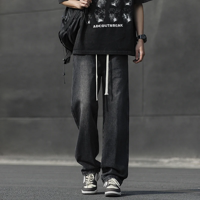 Fashion Loose Elastic Waist Spliced Pockets All-match Bandage Casual Pants Men's 2024 Spring New Oversized Solid Color Jeans