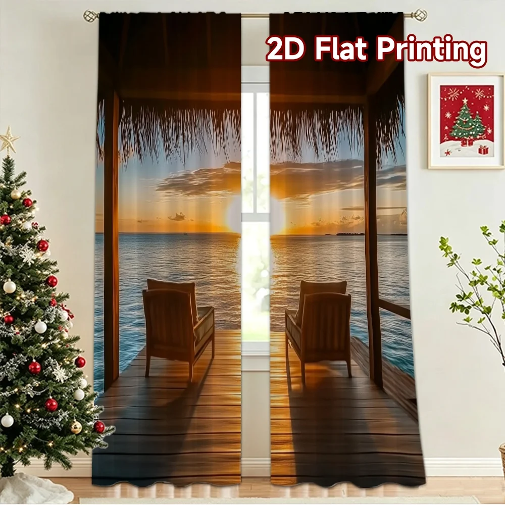 2D flat 2pcs Curtain Modern Minimalist Style Ocean Sunset Retreat Durable polyester fiber Holiday Decorations Use for Holiday