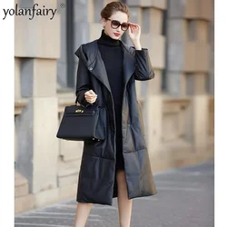 2023 Winter New Genuine Leather Down Coat Women's Sheepskin Hood Jacket Women Elegant Loose Thickened Long Coats Veste Femme FCY