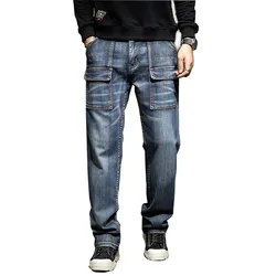 Mcikkny Men Cargo Casual Jeans Vintage Straight Loose Denim Trousers For Male Pants Plus Size 29-44 Multi Pockets