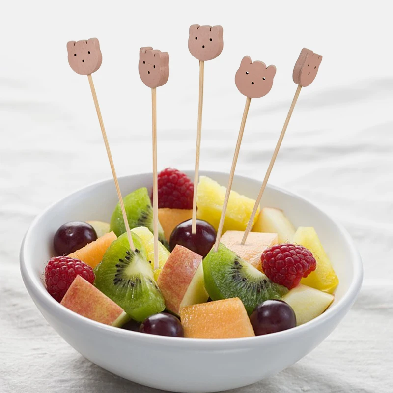 100PCS Heart Disposable Bamboo Food Fruit Toothpick Cute Bear Buffet Cake Cocktail Fruit Fork For Wedding Hawaii Party Decoation