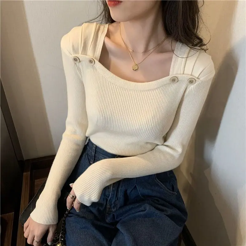 Stylish Square Neck Knitted Sweater Slim Fit Long Sleeve Tight Base Layer