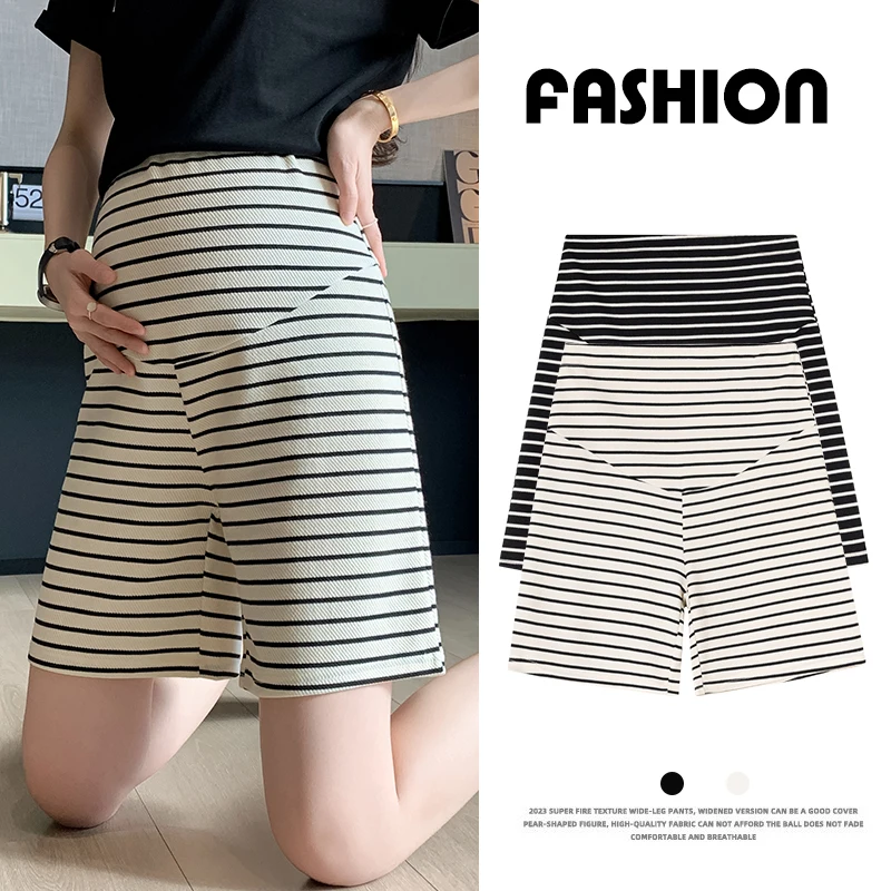 

High Waist Maternity Pants Striped Shorts Drawstring Knitted Loose Straight Clothes For Pregnants Contrast Pregnancy Trousers