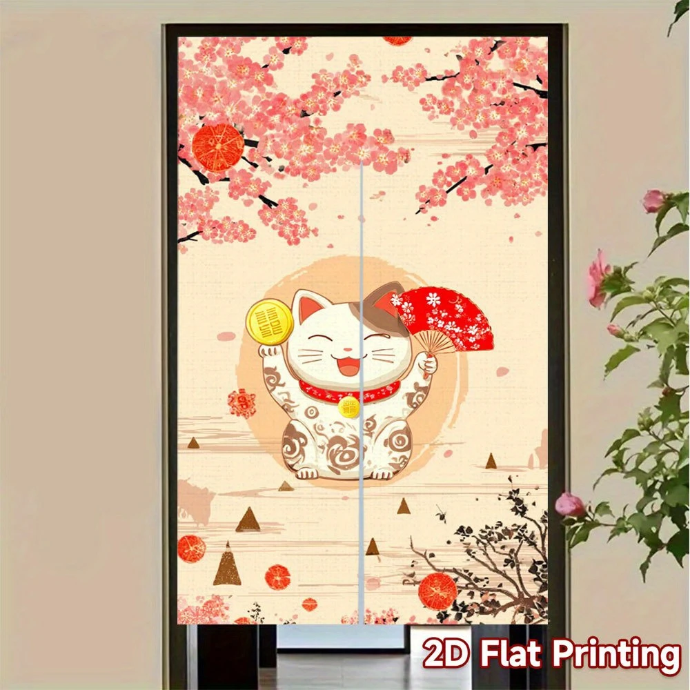 VIKAMA Japanese Maneki-neko Door Curtain, Split-Panel Half-Curtain for Bedroom Entrance, Kitchen Room Divider Curtain