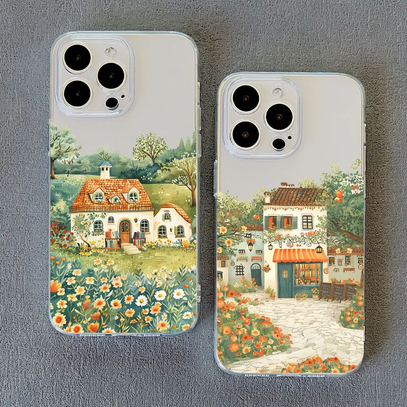 Rural Illustrations Village House Pattern Clear Phone Case for IPhone 14 13 12 11 Mini Pro Max 15 Plus Pro Max XS X XR SE2 Cover