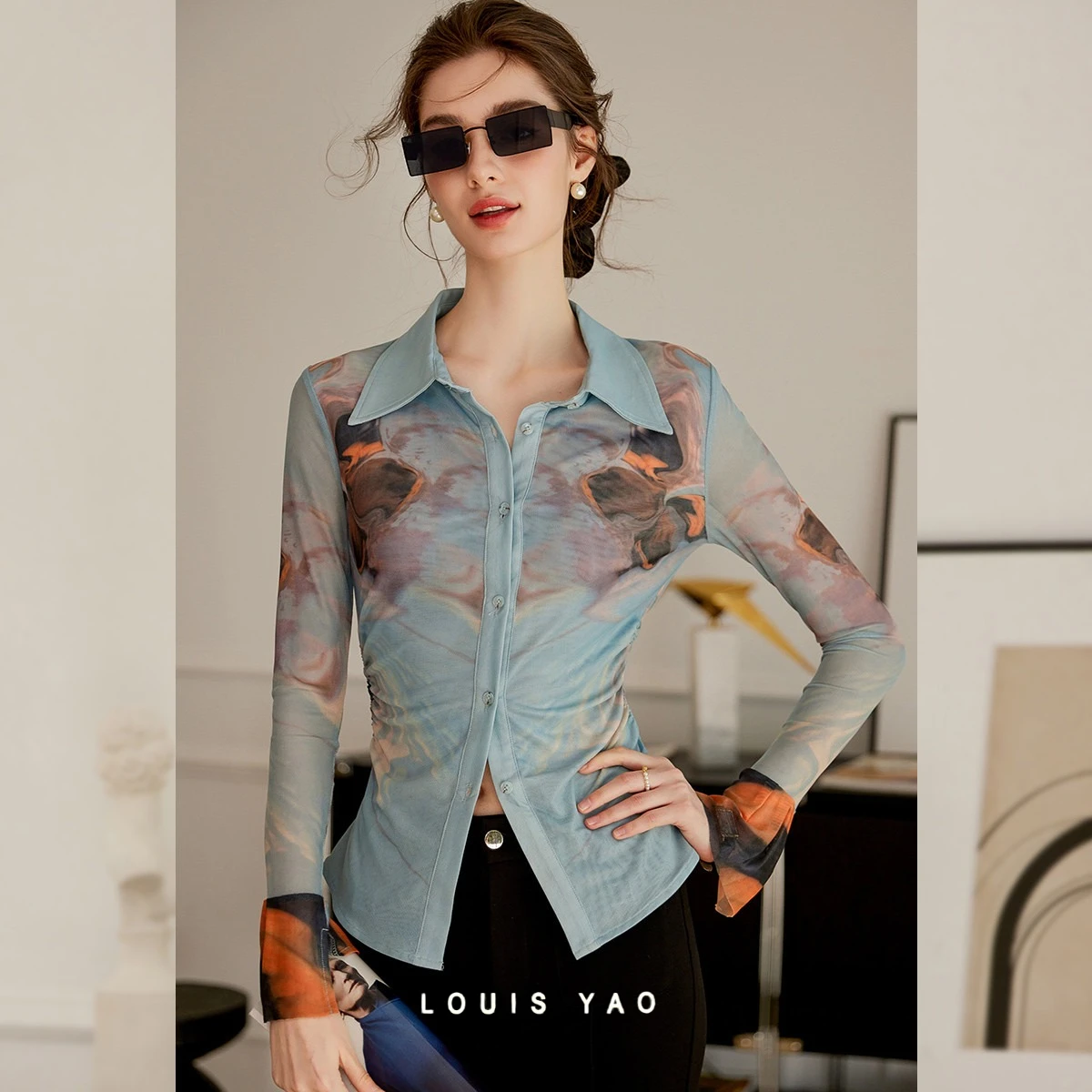 LOUIS YAO Color‑Block Art Print Women Blouse 2026 Spring/Autumn Bohemian Slight‑Stretch Lapel Pleated Slim‑Fit Long Sleeve Shirt