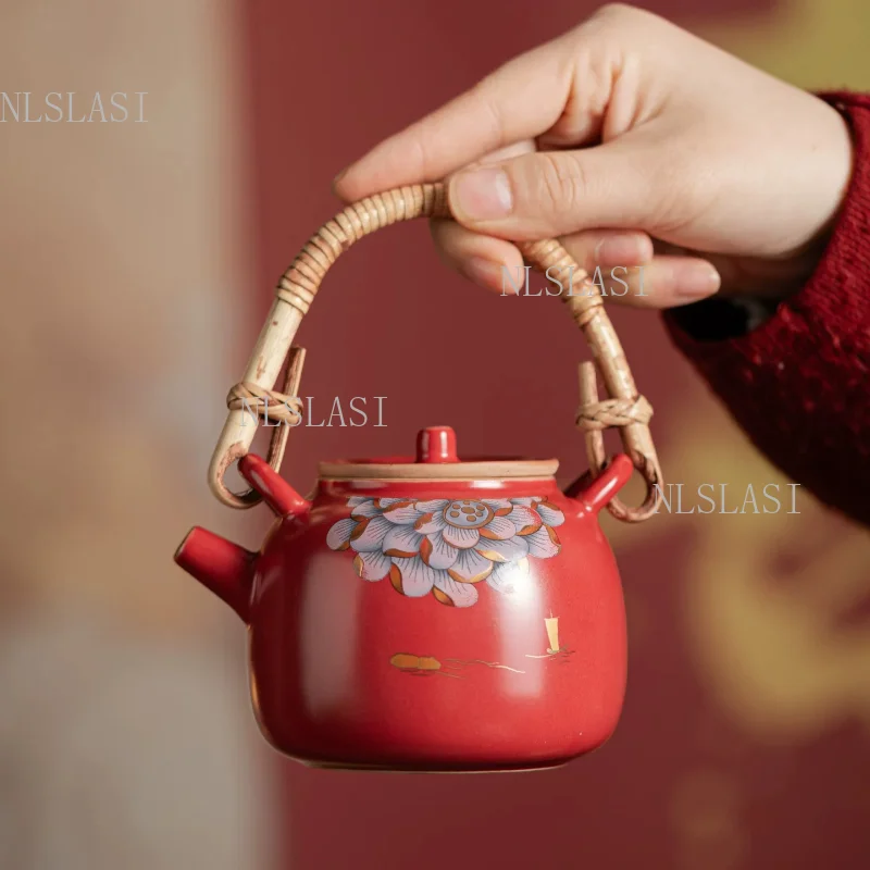 Red Ceramic Tea Set Gift Box with Rattan Handle Teapot and 2 Cups Chinese Kung Fu Tea Set with Peace and Joy Design for Wedding