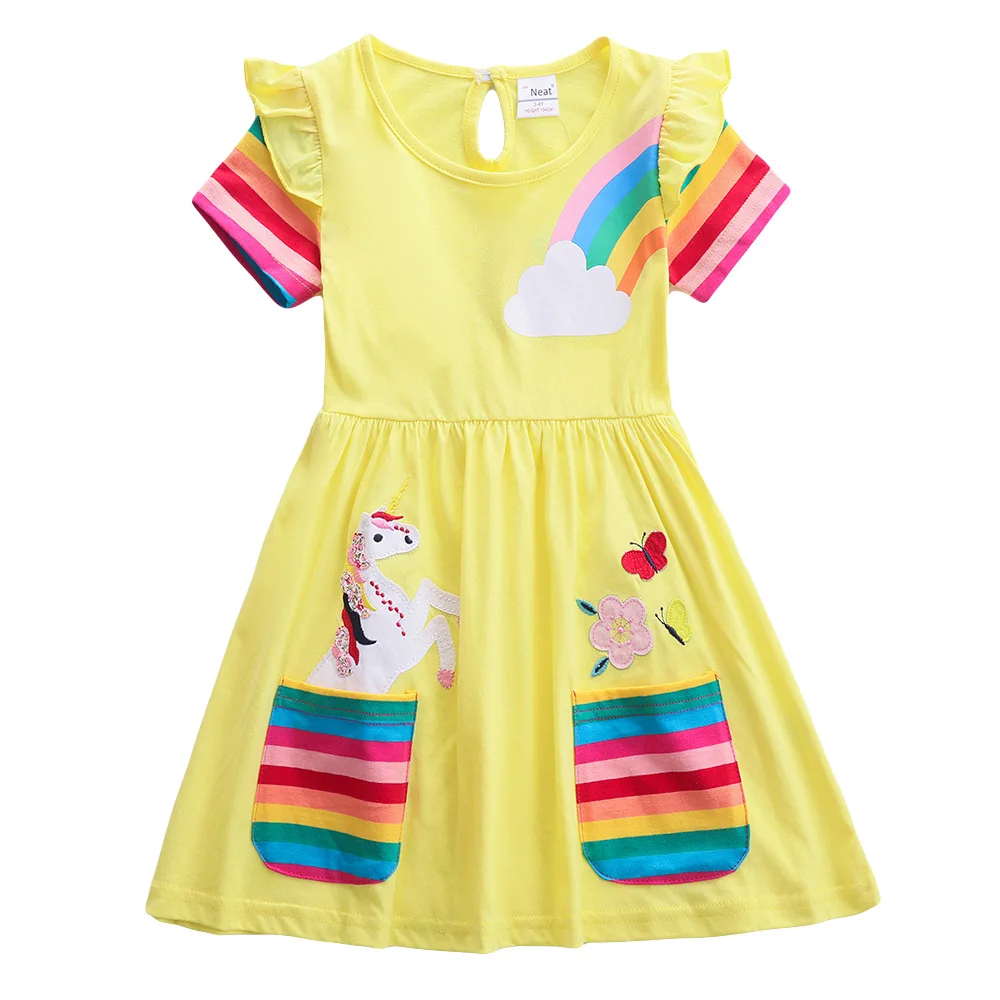 Girls\' Short Sleeve Unicorn Dress New Summer Embroidered Two Pockets Rainbow Sleeve Children\'s SH81035