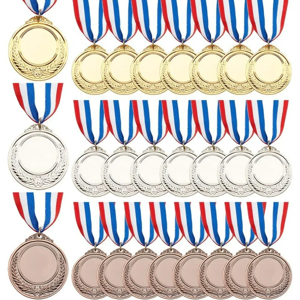 24Pcs 3 Colors Blank Award Medals Zinc Alloy Medals with Stripe Pattern Lanyard Flat Round Cheer Medals Participation Trophy