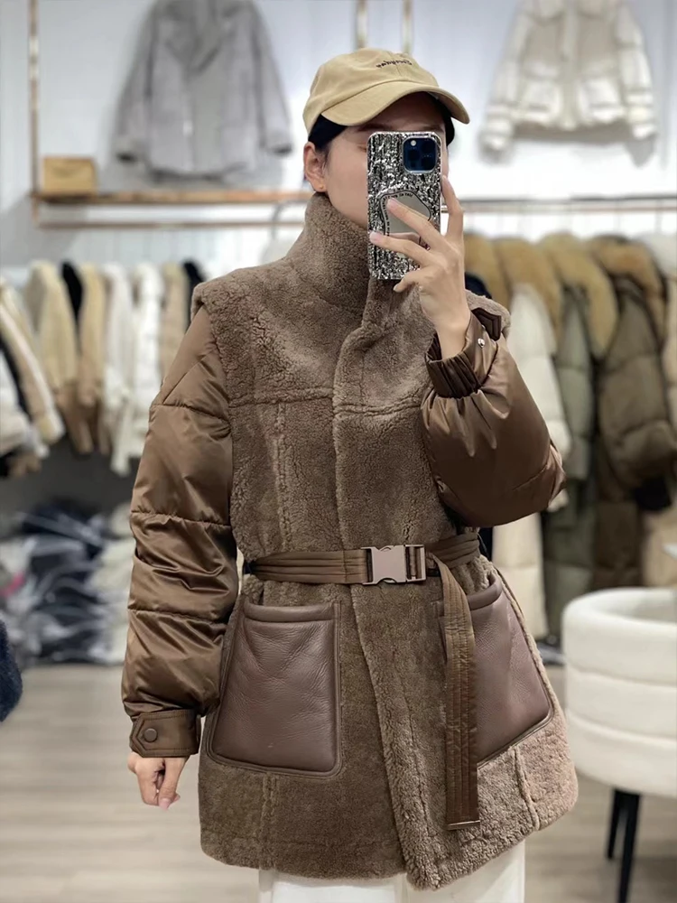 New Fashion Women Winter Warm Real Natural Merino Sheep Fur Coat Goose Down Jackets Thick Coat Female Outwea Puffer Jacketsr