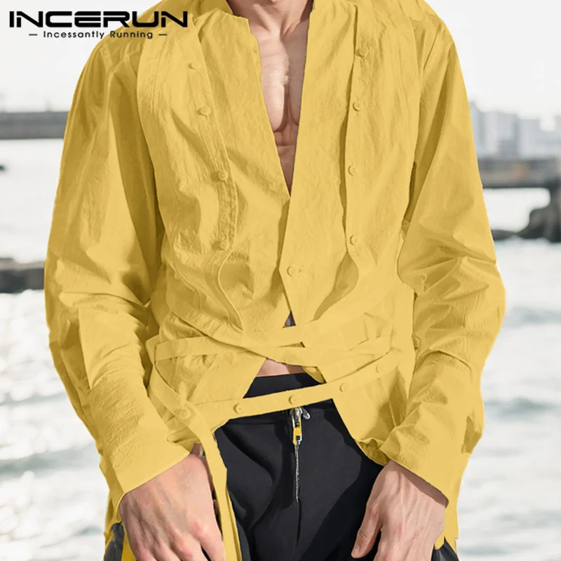 INCERUN Men Irregular Shirts Solid Color V Neck Long Sleeve Casual Men Clothing Streetwear 2024 Korean Style Fashion Male Shirts