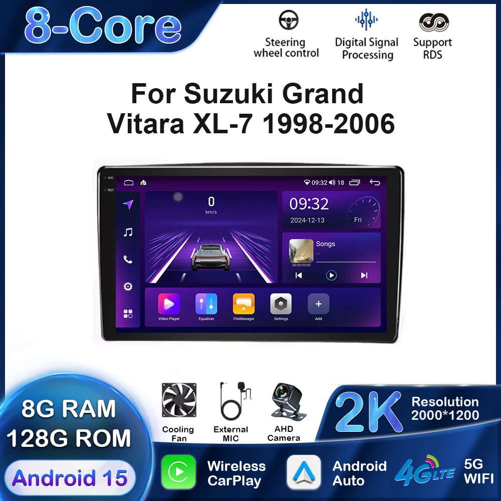 

9 дюймов Android 15 для Suzuki Grand Vitara XL-7 1998-2006 Автомобильный радиоприемник Мультимедийный видеоплеер GPS-навигация Carplay Сенсорный экран BT