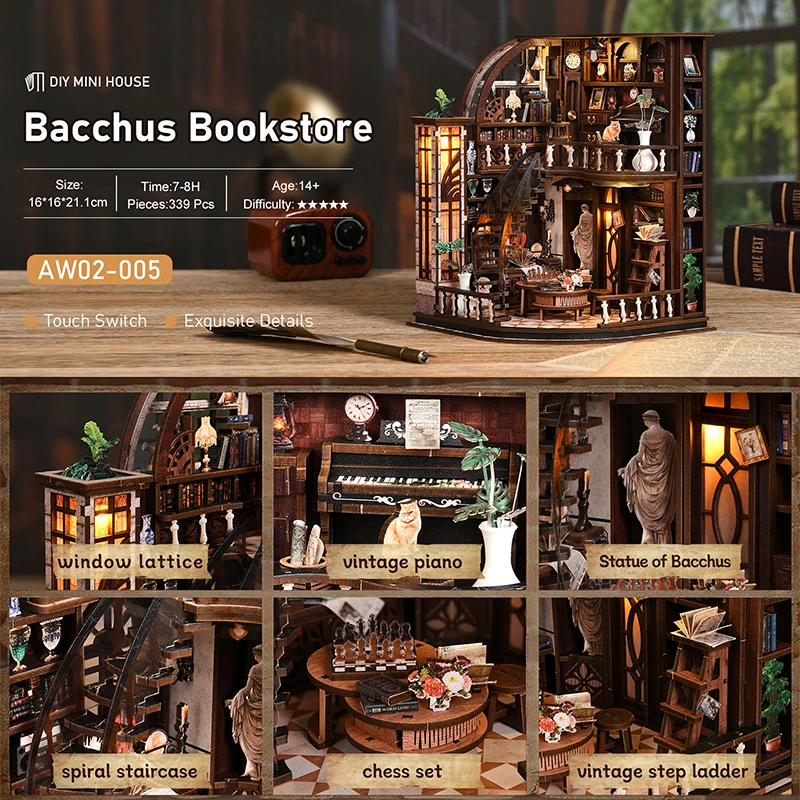AW02-005 New Bacchus Study DIY Small House Building Model Hand Assembled Book Stand Holiday and birthday gifts