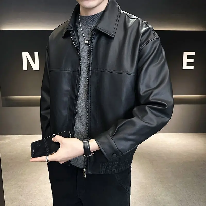 

Slim Fit Biker Jaet Men's Faionable Retro Leather Coat Spring 2025 Long Sve Zipper Closure Plain Color Casual Wear