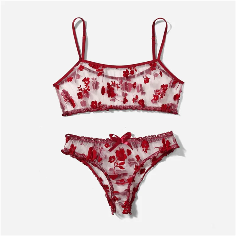 Conjunto de ropa interior de malla de lujo para mujer, conjunto de sujetador y bragas transparentes, lencería erótica romántica, rojo vino, íntimo,