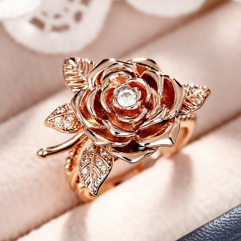 Huitan Aesthetic Rose Gold Color Rose Rings for Women Inlaid Dazzling Cubic Zirconia Elegant Lady Rings Wedding Trendy Jewelry