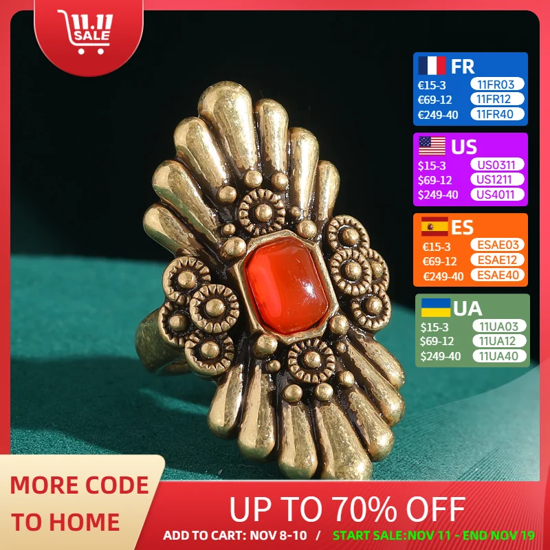 

Vintage Red Big Rings For Woman Stone Natural Carving Feathers Antique Gold Color Adjustable Accessories Luxury Brand Jewelry