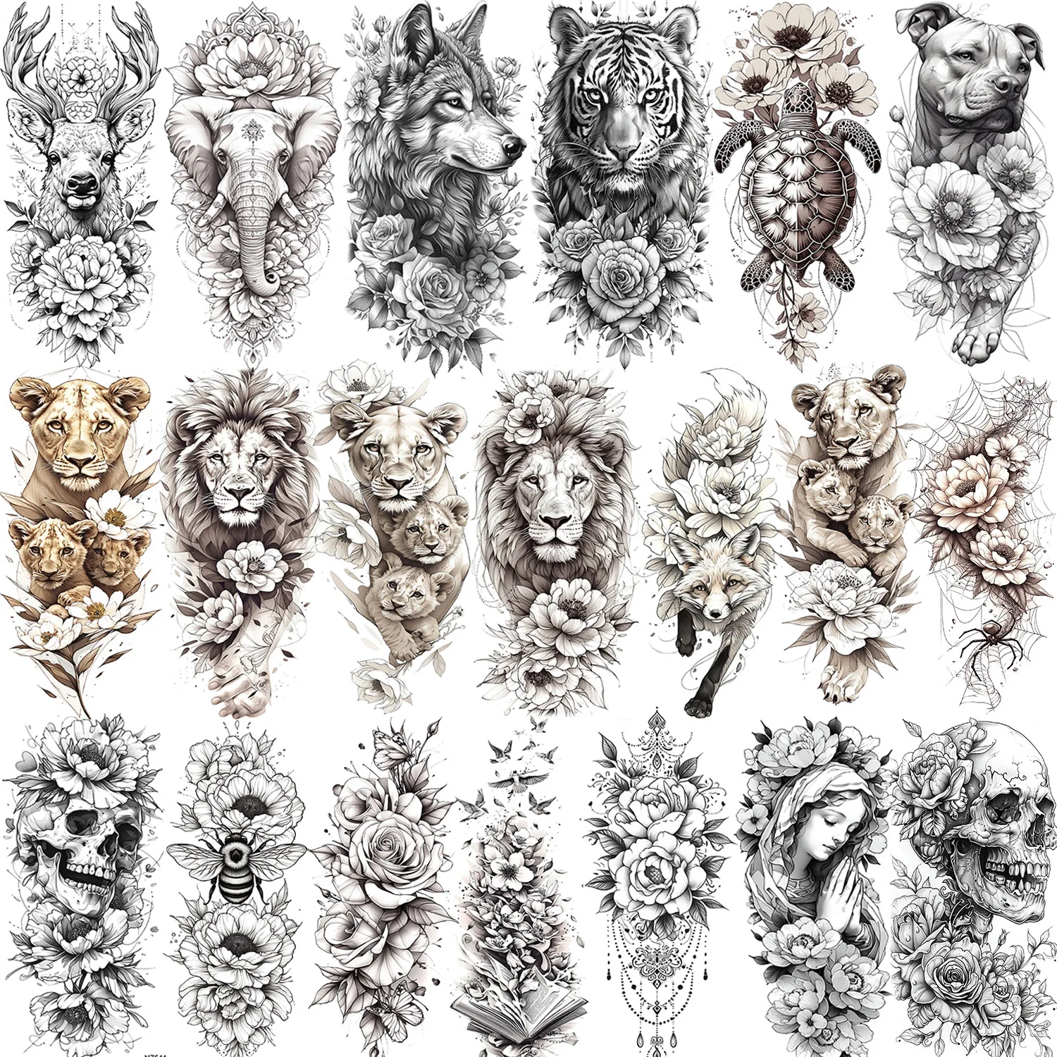 

1 Sheet Amazing Sketch Flowers Animals Temporary Tattoos For Women Body Art Tatoos Waterproof Realistic Fake Tattoo Stickers