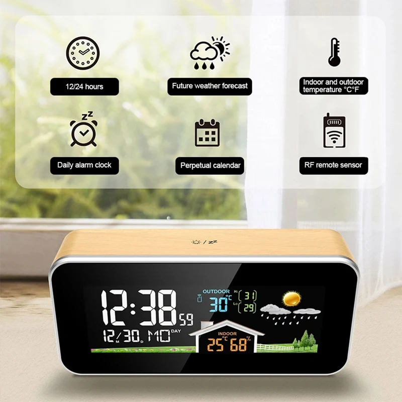 Wireless Weather Station Wooden Alarm Clock Home Desk Watch Digital Thermometer Humidity Temperature Wireless Sensor