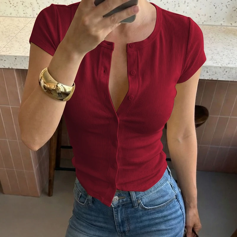 Hugcitar Fashion Solid O Neck Short Sleeve Buttons Sexy Slim Crop T-Shirt Top Summer Casual Women Clothes Streetwear Party