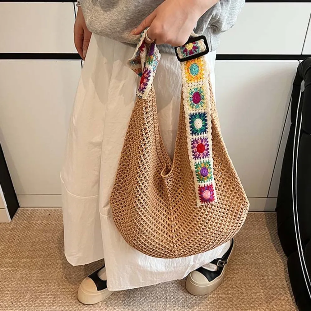 

Large Capacity Crochet Tote Bag Flower Lightweight Hollow Woven Bag Polyester Embroidered Strap Knitting Handbag Daily