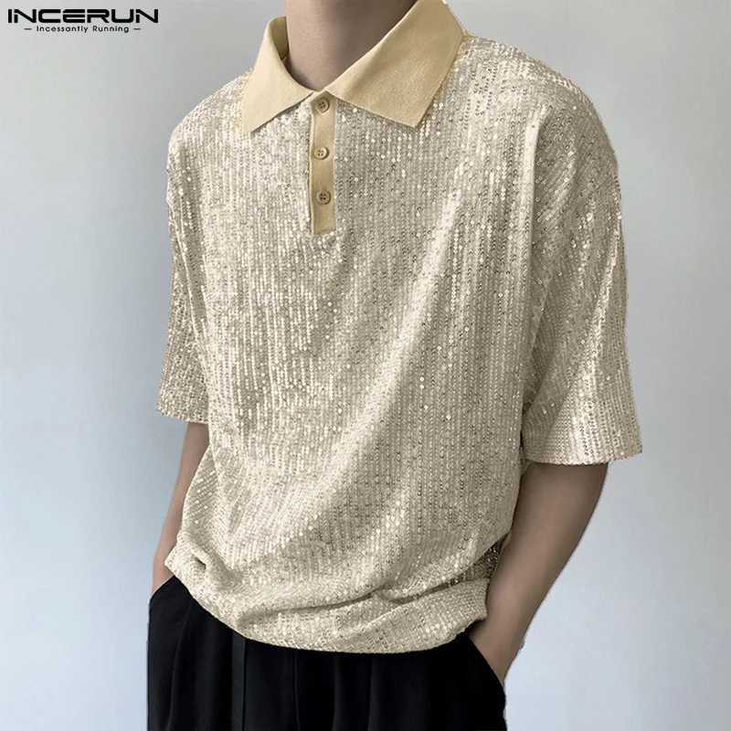 Incerun Casual Herren Revers Pailletten Bluse stilvolle gut sitzende Party Hot Sale Kurzarm Knopf Shirts S-5XL Incerun Tops 2024