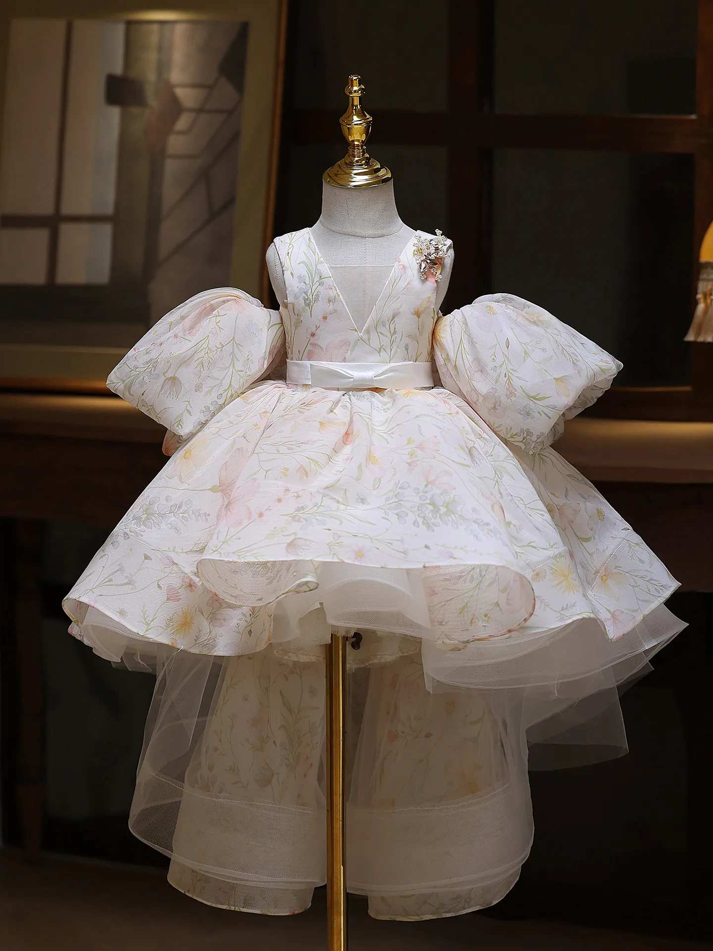 Sweet Baby Girls Birthday Party Pink Princess Dress Kids High End Heavy Floral Luxury Fashion Bow Train Piano Performances Gown